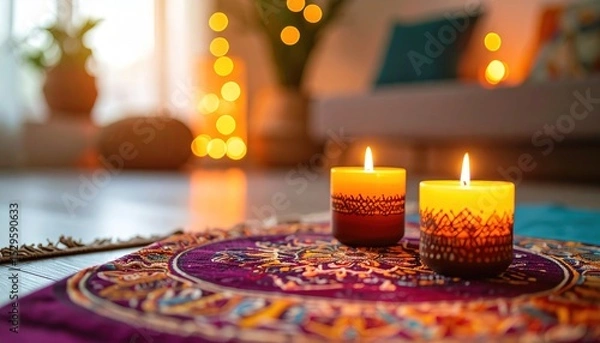 Obraz Lit candles atop patterned rug, soft glow, interior setting