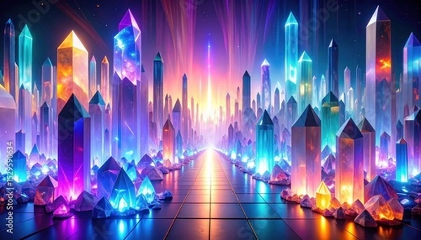 Obraz Crystal city skyline bathed in neon light rays, futuristic and vibrant