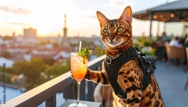 Obraz Bengal cat cocktail hour on a rooftop patio with a sunset cityscape view