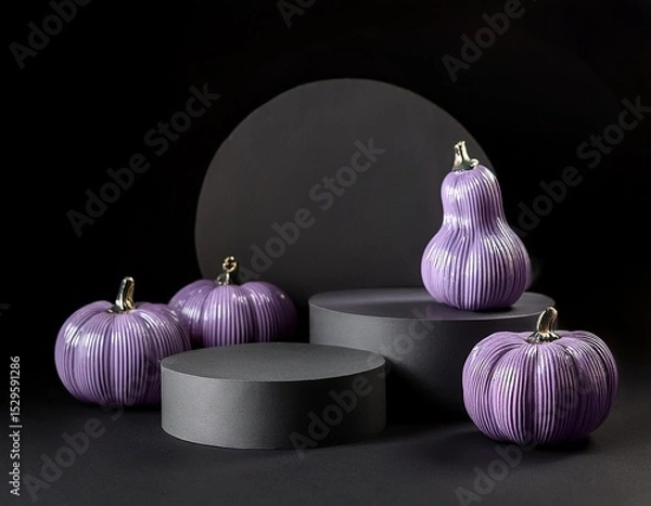 Obraz Halloween display concept. Dark gray empty podiums and lilac ceramic pumpkins on a black bakground. Generated image
