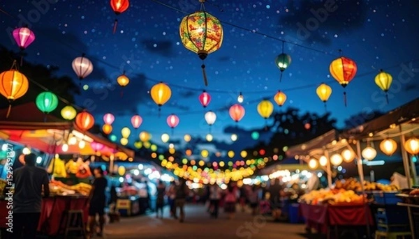 Obraz Night market scene with colorful lanterns and blurry figures under a dark sky