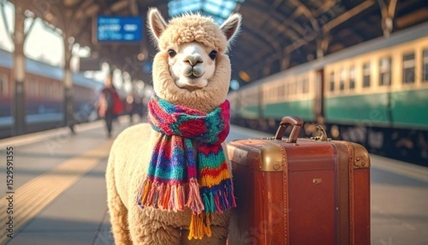 Obraz Alpaca with scarf & suitcase awaits train on a station platform
