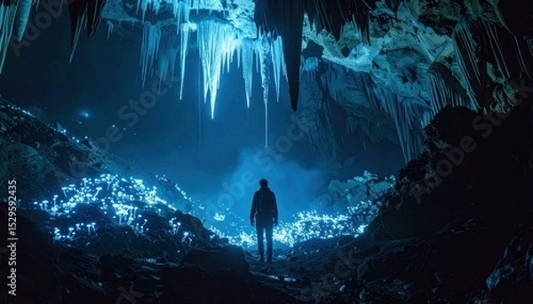Obraz Man in a glowing, icy cave; stalactites above and luminous flora below, cool blue tones