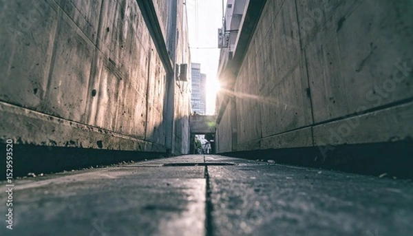 Obraz Narrow alleyway between concrete walls with sunlight at the end of the passage