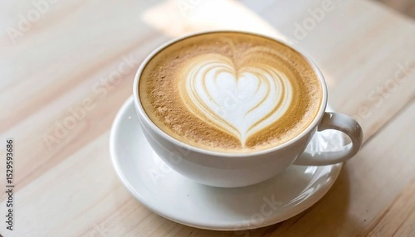 Obraz Frothy latte art heart in a white cup, on a light wooden table surface