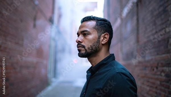 Obraz Pensive man stands in an alleyway with brick walls, light fog obscuring the distance