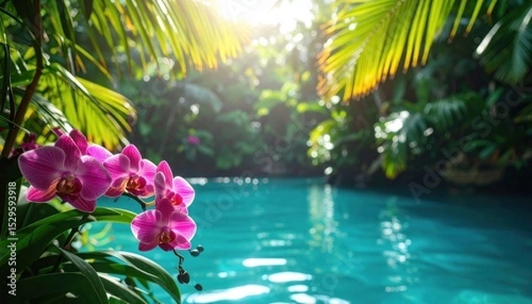 Obraz Tropical paradise Lush orchids, blue water, and sunlit foliage create a relaxing scene