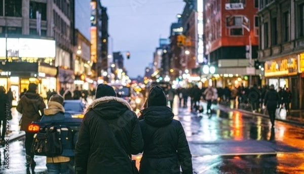 Obraz Wet urban street, evening scene with pedestrians and bright store lights