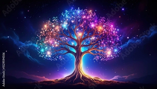 Obraz Glowing tree with light-filled leaves in a starry, otherworldly night scene