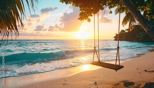 Obraz Beach swing at sunset with turquoise waves, bright sun and palm trees