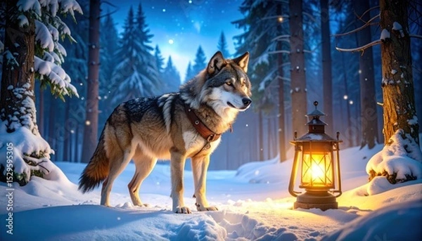 Obraz Wolf in snowy forest illuminated by a warm lantern's glow at night