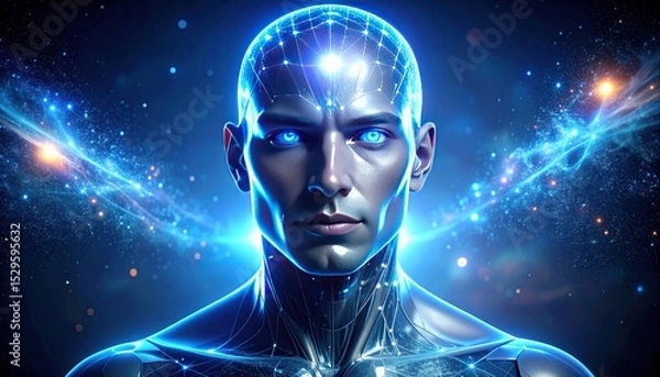 Obraz Futuristic humanoid with glowing eyes amidst a network of lights and cosmic energy