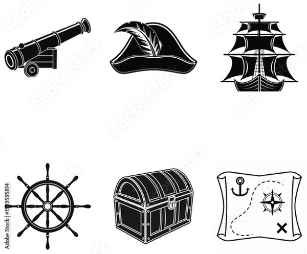 Obraz Treasure Map, Compass, and Pirate Icons in Silhouette Style