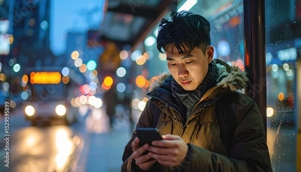 Obraz Man checking phone at bus stop in urban night scene, blurred lights abound