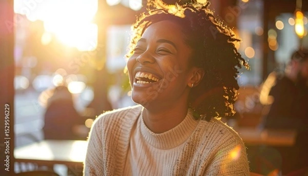 Obraz Smiling woman, sunny day, warm light, textured sweater, blurred cafe background