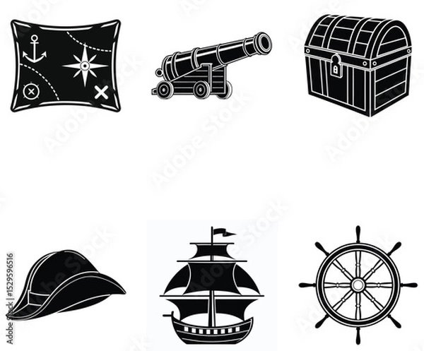 Obraz Black Silhouette Set of Pirate Adventure and Treasure Items