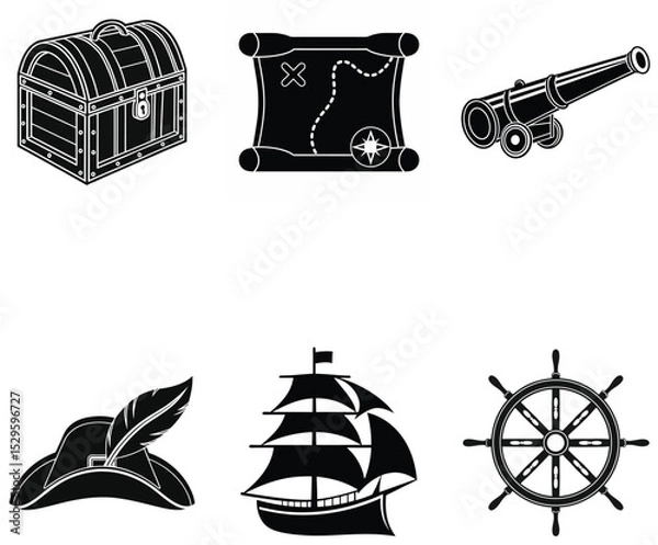 Obraz Minimalist Pirate Icons with Treasure, Ships, and Maps