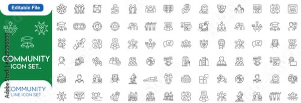 Fototapeta Community line editable icon set. Containing people, friendship, social, diversity, village, relationships, support and Line icon set..