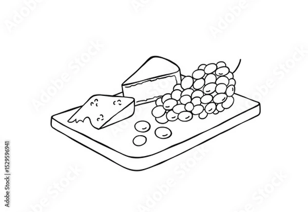 Fototapeta Wooden cutting board with two different types of cheese and grapes. Hand drawn vector black and white illustration.
