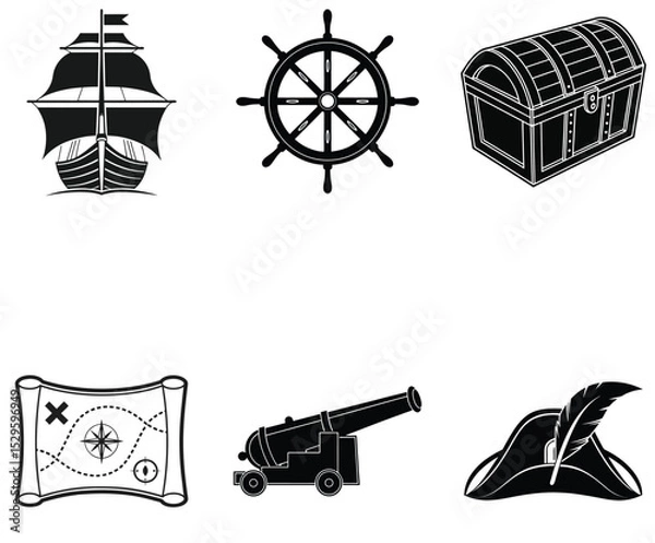 Obraz Black Silhouette Icons of Pirate and Sea Adventure Elements