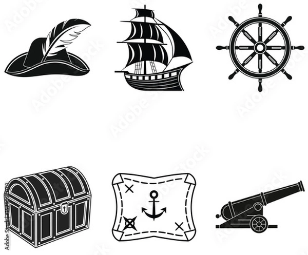 Obraz Pirate Treasure Silhouettes and Nautical Icons Set