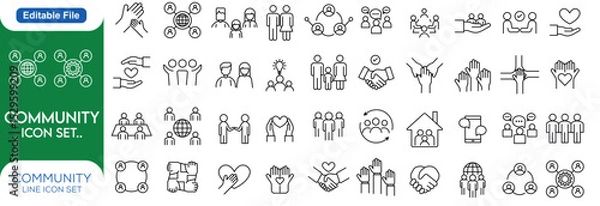 Fototapeta Community Line editable stroke outline web icons set. Community, social, friendship, people, village, relationships, diversity, support and development. Vector line icon set..