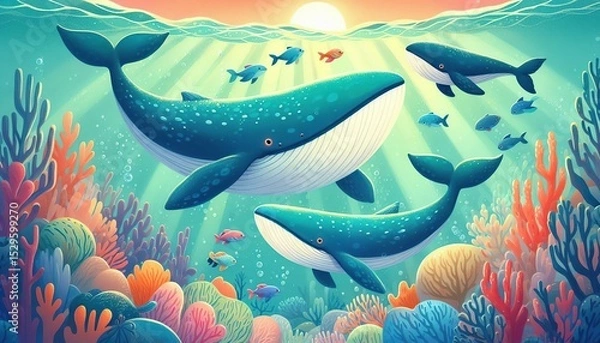 Fototapeta  Stylized underwater illustration of whales swimming among colorful coral reef with tropical fish in vibrant cartoon art style