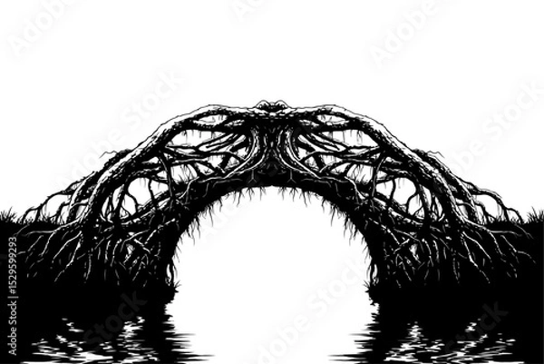 Fototapeta A grayscale image of a bridge made of intertwined roots reflected in the water below it on transparent background.
