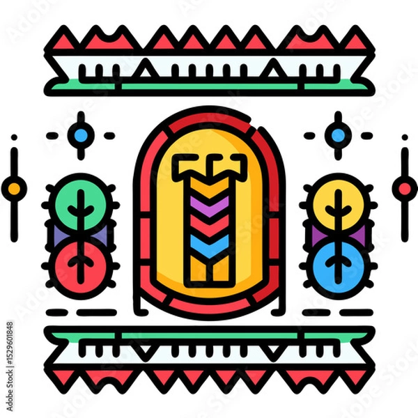 Fototapeta Vibrant Tribal Totem with Geometric Border and Symbolic Trees