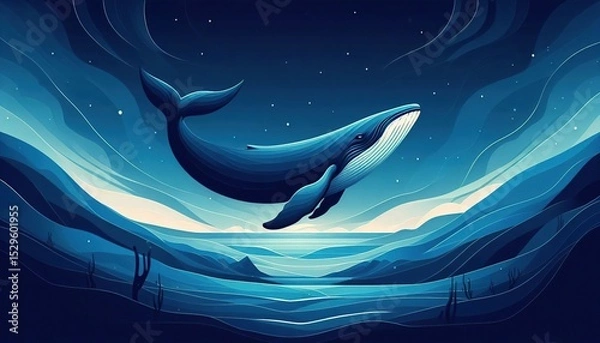 Fototapeta Large Marine Mammal in Blue Ocean Depths, Whale Migration Scene in Deep Sea Environment