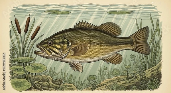 Fototapeta Detailed illustration of a largemouth bass swimming in a serene underwater environment with plants.