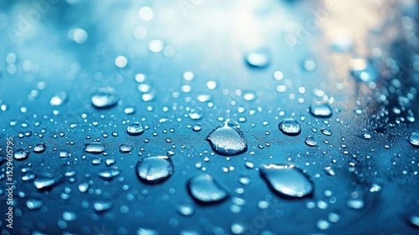 Fototapeta Glass surface covered in water droplets, reflecting soft light