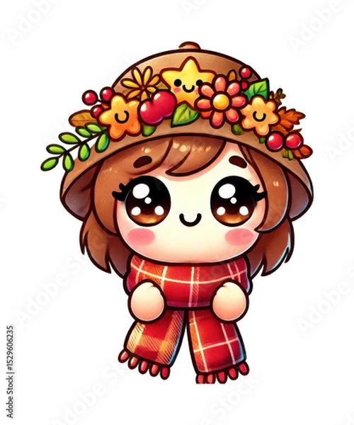 Obraz Cartoon illustration of a little girl with a flower, smiling and having fun at a party with a funny clown hat