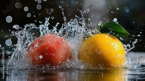 Fototapeta Mango and watermelon splashing into water.