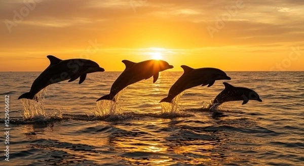 Fototapeta Dolphins jumping at golden sunset, Ocean mammals leaping against evening sky