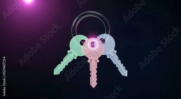 Fototapeta Three colorful keys glowing on dark background representing security and access