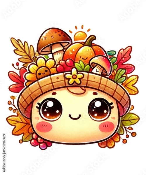 Obraz Cute cartoon hedgehog with a joyful smile among yellow and orange mushrooms, basking in the summer sun