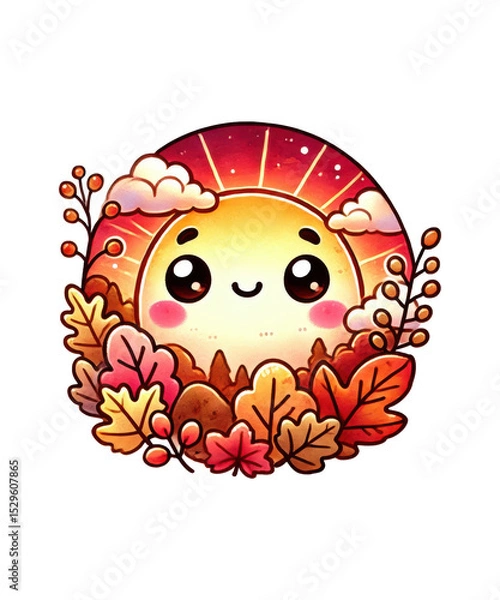 Obraz A joyful vector illustration of a cartoon heart with summer flowers and a smiling sun