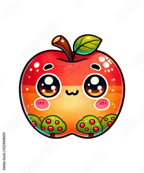 Obraz 

Fresh red apple with a leaf, juicy drops, and a playful worm illustration for a healthy diet