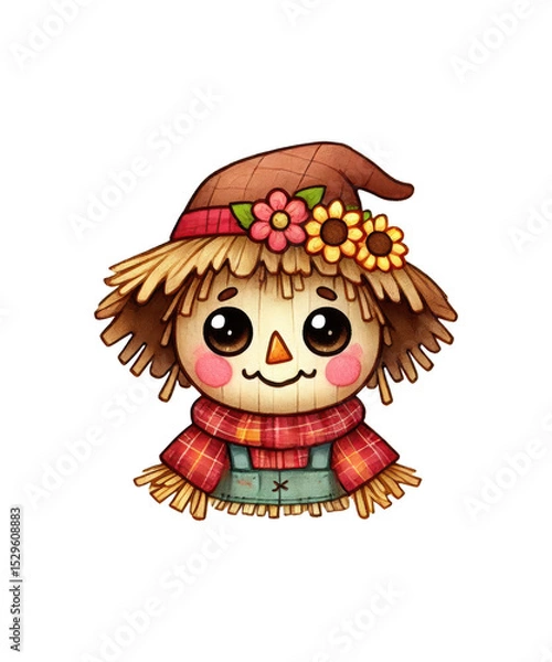 Obraz A cartoon vector illustration features a funny clown with a flower and a wreath, a little girl with a fan, and a funny owl character wearing a Christmas hat