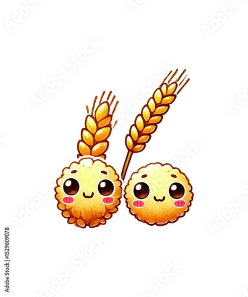 Obraz Golden Easter egg with a funny cute bird face and yellow flower, sun, and wheat illustration