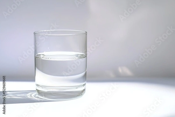 Fototapeta Sophisticated photograph of fresh drinking water in glass on white tabletop, with gentle shadows adding depth to minimalist scene