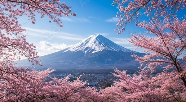 Fototapeta Snow-capped mountain peak gracefully framed by vibrant pink cherry blossom branches in spring