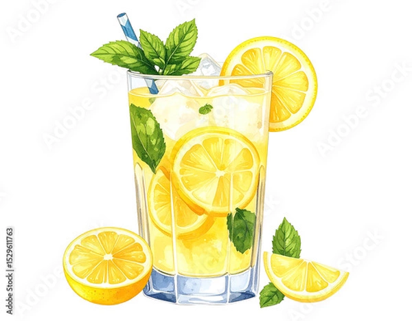 Fototapeta Watercolor illustration of a refreshing lemonade drink. Hand-painted glass of lemonade with lemon slices.