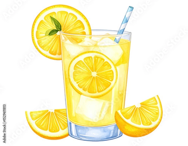 Fototapeta Watercolor illustration of a refreshing lemonade drink. Hand-painted glass of lemonade with lemon slices.