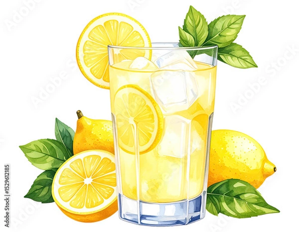 Fototapeta Watercolor illustration of a refreshing lemonade drink. Hand-painted glass of lemonade with lemon slices.