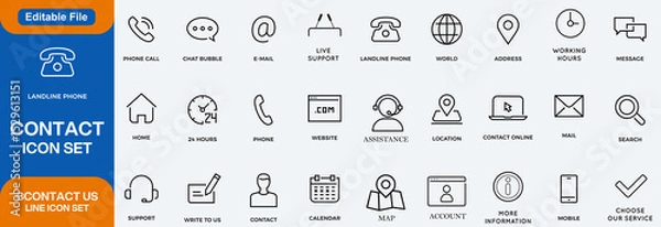 Fototapeta Contact stroke icon set. Containing e-mail, phone, address, customer service, call, website, and more. Editable stroke icons. Vector collection.