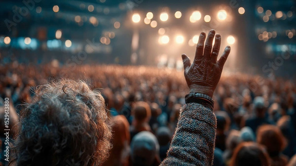 Fototapeta Back view of a crowd at a concert or seminar, with a raised hand in focus and a glowing stage in the background