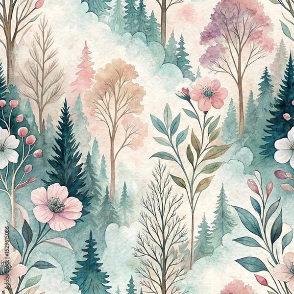 Fototapeta EN: Watercolor forest pattern with pink flowers, evergreen trees, delicate branches in soft pastel colors creating dreamy botanical illustration