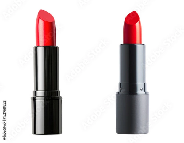 Obraz Two vibrant lipsticks with a vivid red color and elegant design. The lipsticks are presented on a neutral background, showcasing their bold color and sleek design